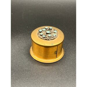 Vintage Brass Stamp/Trinket Box w/ Turquoise Accent Round Jewelry Container